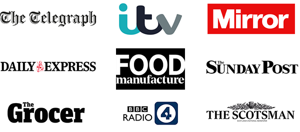 Press logos of ITV, Telegraph, BBC Radio 4, The Mirror, The Express, The Sunday Post, Food Manufacture, The Scotsman, and The Grocer.